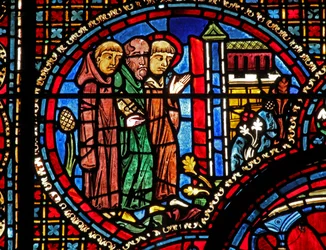 St Lubin-fönstret: han anländer till en kyrka med två munkar (w45)