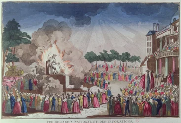 Ateismens staty förstörs och ersätts med visdomsstatyn vid festivalen för den högsta varelsen, Jardin National des Decorations, Paris, 8 juli 1794