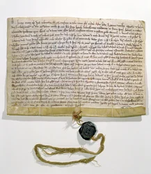 Stadgarna för universitetet i Paris, framtagna och beviljade av kardinal Robert de Courson, påvlig legat, i augusti 1215 (vellum och vax)