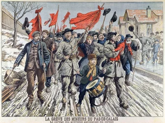 Gruvarbetarnas strejk i Pas-de-Calais, de strejkandes procession i gruvbyn, ur Le Petit Journal, 1 april 1906