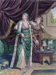 Sultana Asseki, från Recueil destampes sur les Costumes du Levant, graverad av Gerard Jean Baptiste Scotin (1671-1716) 1707-08