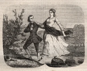 Den schweiziske filosofen Jean Jacques (Jean-Jacques) Rousseau (1712-1778) hjälpte Mademoiselle Galley att korsa en bäck. Gravyr från 1871 i "Histoire Des Cocus Celebres" "av Henry de Kock (1819-1892).