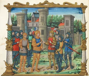 The Treaty of Conflans (Conflans fred) mellan Ludvig XI och hertigen av Bourgogne, miniatyr från Memoires av Philippe de Commines, manuskriptfolio 32 verso, Frankrike 1500-talet.