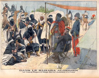 Tuaregs Hoggar och Taitogs underkastar sig engelskt styre i Algeriska Sahara. I Algeriska Sahara. Touareg Hoggars och Taitogs lämnar in sin anmälan till Frankrike. Illustration för Le petit Journal, 26 november 1905.