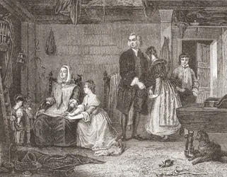 Vicar of Wakefield försonar sin fru med Olivia, efter målningen av Gilbert Stuart Newton. Från Histoire des Peintres, École Anglaise, publicerad 1867 (litho)