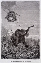 Victoria bogserad av en elefant - i "Fem veckor i ballong", roman av Jules Verne