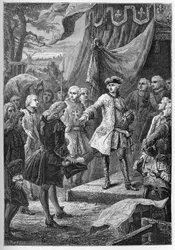 Det österrikiska tronföljdskriget (1740-1748) - Förenade provinsernas ambassadörer presenterar sig inför Ludvig XV 1747 - Österrikiska tronföljdskriget (1740-48) - Ludvig XV, Frankrikes kung och Nederländernas ambassadör - gravyr från ""