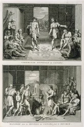 Bröllopsceremonin och skilsmässan i Kanada, illustration från religiösa ceremonier och seder, graverad av Bernard Picart (1673-1733) 1723