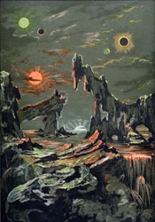 The World of Four Moons and Four Suns, illustration från LAstronomie Populaire skriven av Camille Flammarion (1842-1925) 1881