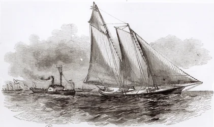 Yacht America tar ledningen i 1851 års Cowes Regatta, från Le Monde Illustre, 1851