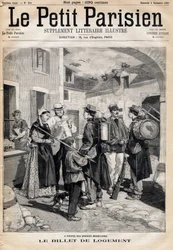 Inkvarteringsbiljetten, som ger rätt till en säng och ett ljus, delar ut till soldaterna efter deras övningar och stora manövrar. En av tidningarna "Le petit Parisien"" den 3/09/1893 (gravyr)