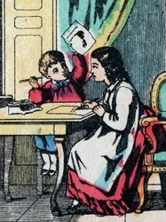 Aktiviteterna för flickor från bra familjer: att hjälpa en lillebror i hans läxor - Epinal bild - 1800-talet (gravyr)