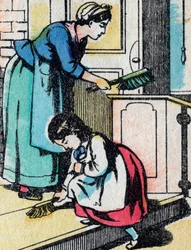 Aktiviteterna för flickor från bra familjer: hushållsarbetet - Epinal bild - 1800-talet (gravyr)
