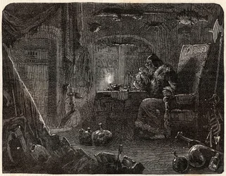 Alkemisten, som har lovat att göra guld, arbetar i sitt laboratorium: Alkemisten på 1600-talet - i "Paris a travers les cules"" av Nicolas Jules Henri Gourdon de Kennouillac (1826-1898)