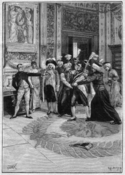 Griven av Neipperg (1775-1829) arresterades på order av Napoleon 1:a (1769-1821). Illustration av "Madame Sans Gene" av Victorien Sardou (1831-1908) och Emile Moreau (1852-1922). Gravyr i "La gazette du dimanche"" av den 21 november 1895.