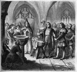Dop av Johannes (Jehan) Ango (1488-1551), framtida navigatör, i kyrkan Saint Remi i Dieppe. Gravyr från 1865-1866.
