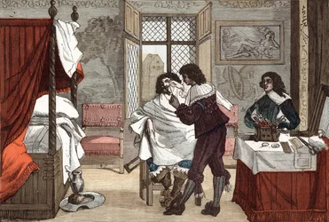 Barberaren, Frankrike, gravyr av Abraham Bosse (1604-1676), ca. 1640, gravyr från "Paris a travers les siecles" tomeV