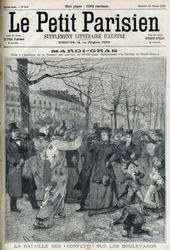 Slaget om konfetti på den parisiska boulevarden under Mardi Gras (Mardi-Gras). Gravyr i "Le petit Parisien"”