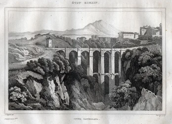 Bron har dubbla arkader - CIVITA CASTELLANA - Provinsen Viterbo - Italien - Gravyr från "" Italy Picturesque" - Historisk och beskrivande målning av Italien"" av M. de Norvins, Ch. Nodier 1834-1836.