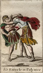 Bröderna Eteokles och Polyneikes, Oidipus söner, dödar varandra. Ur „Mythologie de la jeunesse” av Pierre Blanchard, 1803.