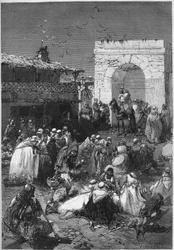 Caiderna och djemmorna från kretsen Saida i Algeriet för med sig till det arabiska kontoret sina gåvor avsedda att lösa in de franska departement som ockuperats av Tyskland sedan slutet av kriget 1870. Gravyr i "" Le Monde Illustré"" nr 784 av 20 april 187