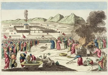 Israeliternas läger och offret av den röda kon (färgstick)