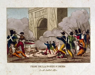 Intagandet av St Denis-porten i Paris under franska revolutionen 1830