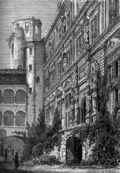 Heidelbergs slott i Tyskland, hem till en av de mest kända universalerna i Europa på 1800-talet. Gravyr i den berömda journalen "" La jeunesse""