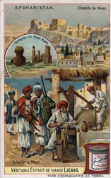 Staden och rustningsmän i staden Herat i Afghanistan och Shah Rukhs grav. Kromolitografi av 1800-talet.