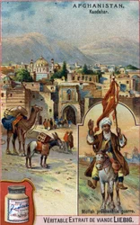 Staden Kandahar i Afghanistan med Mullah som predikar krig. Reklamkromolitografi från 1800-talet.