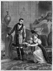 Kejsar Napoleon I:s (1769-1821) nåd till prinsessan av Hatzfeld som kom för att be om nåd för sin man prins Hatzfeld, anklagad för förräderi, den 28 oktober 1806 - kejsar Napoleon I:s (1769-1821) nåd mot prinsessan av Hatzfel