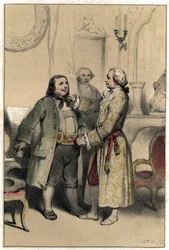 Kompositören Joseph Haydn tog emot en man som kom för att be honom komponera en meny till hans dotters bröllop. Tallrik hämtad från "" Scenes de la vie des hommes famous""" gravyr i två nyanser av Valerio. 1843.