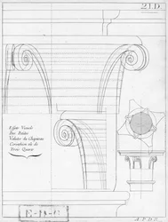 Den korintiska huvudstaden, illustration från en bok om geometri, 1700- eller 1800-talet, publicerade Avec Privilege du Roy et E.. du Gouvernement