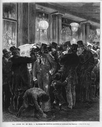 Krisen den 16 maj 1877: att läsa de senaste nyheterna på boulevard des Italians i Paris. Denna franska politiska kris är resultatet av brevet från Mac Mahon (Mac-Mahon) som kritiserar rådets ordförande Jules Simons attityd som så småningom kommer att återu