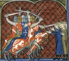 Korståget mot albigenserna, c1325-c1350. Soldater på hästryggen med svärd attackerar en grupp albigenser. Påven Innocentius III predikade ett heligt krig mot de albigensiska kristna, eftersom han fruktade spridningen av deras tro. År 1209 beställde han