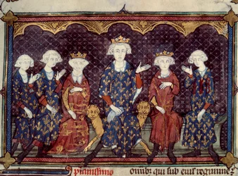 De förbannade kungarna: Filip IV den vackra (1268 - 1314) omger sin dotter Isabella (drottning av England) och hans tre söner Ludvig (Kung Ludvig X), Karl (Kung Karl IV), Filip (Kung Filip V), och hans bror Charles de Valois - Miniatyr från La