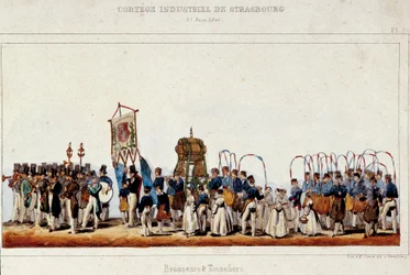 Bryggares och kukares dans under industrikortegen i Strasbourg den 25/06/1840. Litografi av Simon