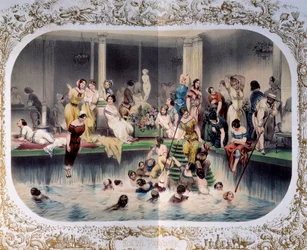 Simningens dag för kvinnor i en parisisk simbassäng, ca 1900 (tryck)