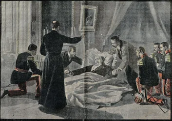 Döden av Felix Faure (1841-1899), Frankrikes president, Abbe Renault gav honom absolutionen. Gravyr i "" Le Pelerin"" 1899-02-26.