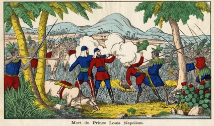 Prins Eugene Louis Napoleons död den 1 juni 1879, kejserlig prins (23 år gammal), enda son till före detta kejsar Napoleon III och hans hustru. Bild på Epinal från 1800-talet.