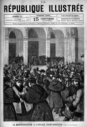 Demonstrationen i Saint Augustine-kyrkan (Saint-Augustine) i Paris: upphettad mellan den parisiska polisen och demonstranter som är fientliga mot dekreten från mars 1880 som fattades av Jules Ferry som tar bort rätten att undervisa otillåtna religiösa förs
