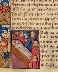 Avsättningen av Kristus i graven, miniatyr från Timmeboken (Användning av Poitiers), latinsk och fransk manuskript illustrerad av elev av Robinet Testard, manuskript 1097 folio 80 verso, Frankrike slutet av 1400-talet.