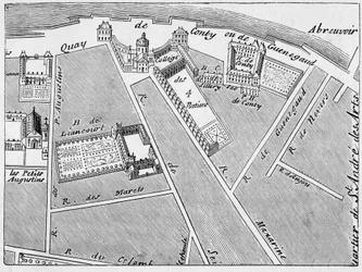 Kvarteret kring Collège des Quatre-Nations (De fyra nationerna) och Hôtel de Conti, faksimil av J. de la Cailles plan