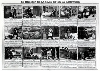 Läkaren i staden och på landsbygden och deras olika patienter, publicerad av J.B. Gadolachez Cours de Brosses i Lyon, sent 19:e. ¿