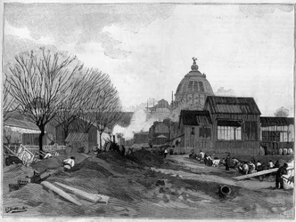 Jordförflyttningsplatsen för installationen av den monumentala fontänen i Paris för världsutställningen 1889.