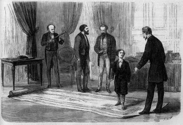 Ingenjören Boutet presenterade sin plan för en järnvägsbro mellan Frankrike och England för kejsar Napoleon III (1808-1873), i närvaro av sin son Prince Imperial (1856-1879)