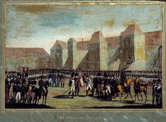 Napoleon Bonapartes (1769-1821) farväl har den kejserliga vakten på gården i Cheval Blanc i Fontainebleau den 20/04/1814. Anonym målning. 1814 Aix Island, Napoleonmuseet