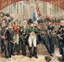Avskedet av Napoleon Bonaparte (1769-1821) har den kejserliga vakten på gården i Cheval Blanc vid slottet Fontainebleau den 20/04/1814. Kromolitografi från slutet av 1800-talet
