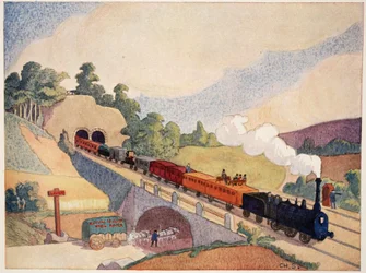 Den första järnvägen från Paris till Rouen, kopia av ett frimärke från 1837, av M. Charles Sanlaville (fl.1920-30), illustration från Histoire de la Nation Francaise, av Gabriel Hanotaux (1853-1944), 1924