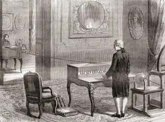 Den första demonstrationen 1774 av den elektriska telegrafen, uppfunnen av Georges-Louis Le Sage, från Les Merveilles de la Science, publicerad ca 1870 (gravyr)